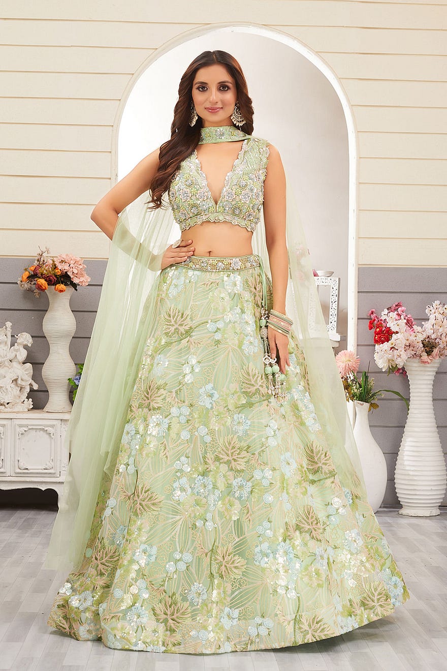 Green Designer Lehenga with Heavy Embroidery and Deep V Neck Blouse Online at Samyakk