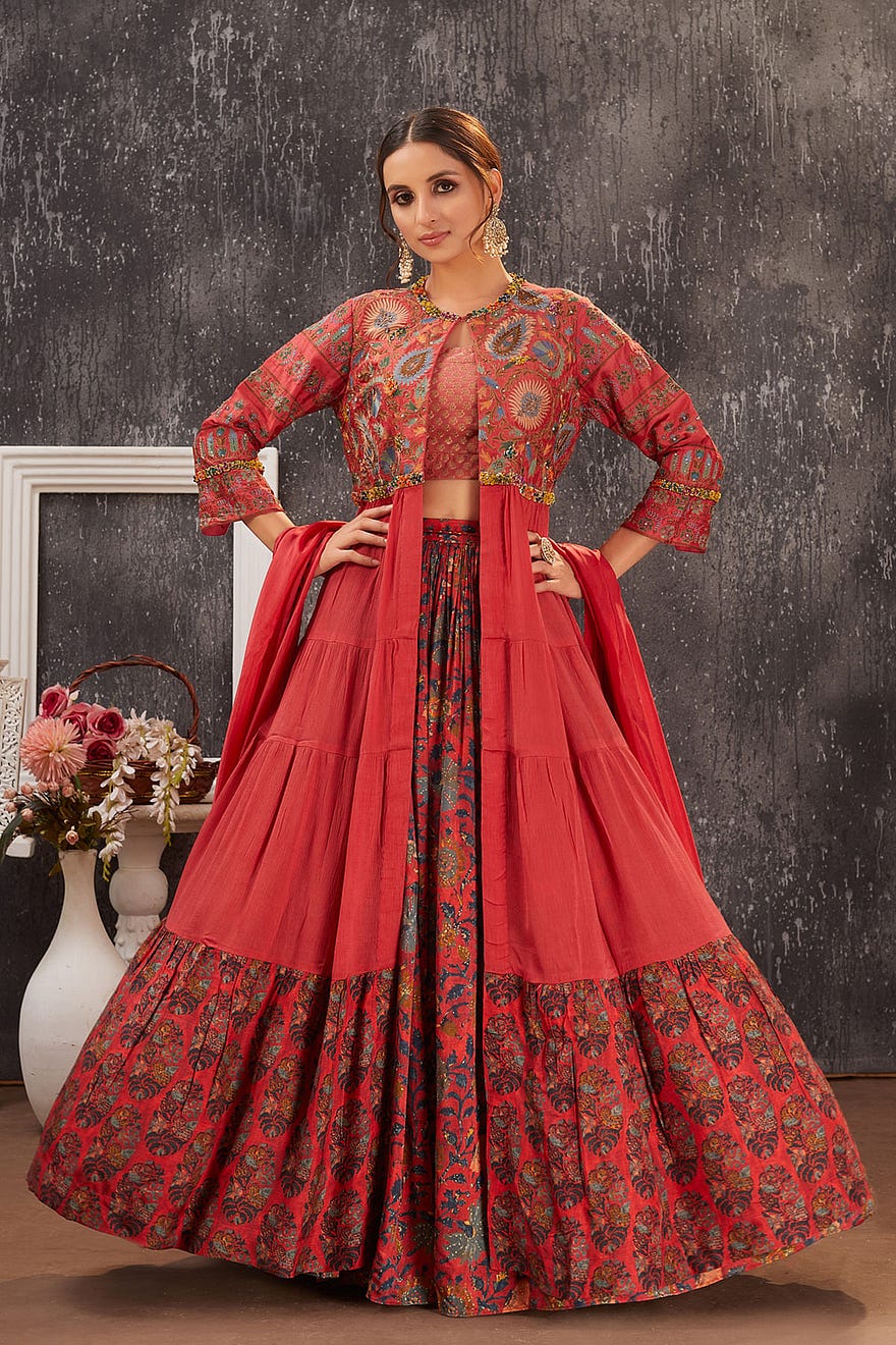 Crimson Red Printed Silk Jacket Lehenga Online at Samyakk