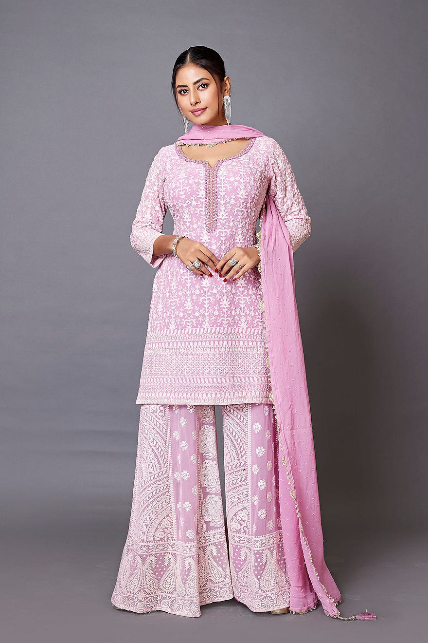 Pink Lavender Georgette Palazzo Suit With Chikankari Work And Slit Neck Online at Samyakk