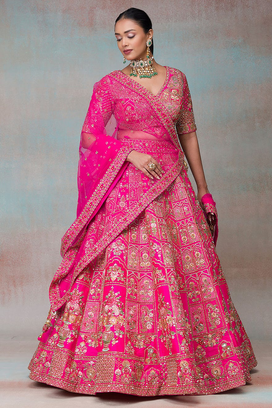 Electric Pink Sequins Embroidered Raw Silk Bridal Lehenga Online at Samyakk