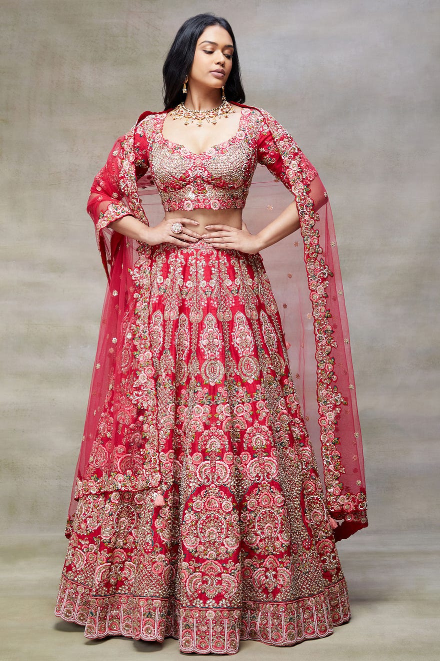 Crimson Resham Embroidered Raw Silk Wedding Lehenga Online at Samyakk