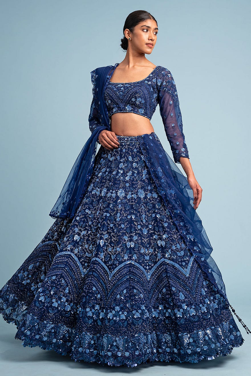 Dark Navy Blue Sequins Embroidered Net Reception Lehenga Online at Samyakk