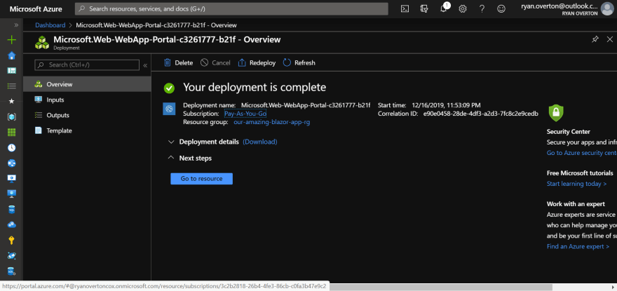 Image showing Azure web app deployment complete