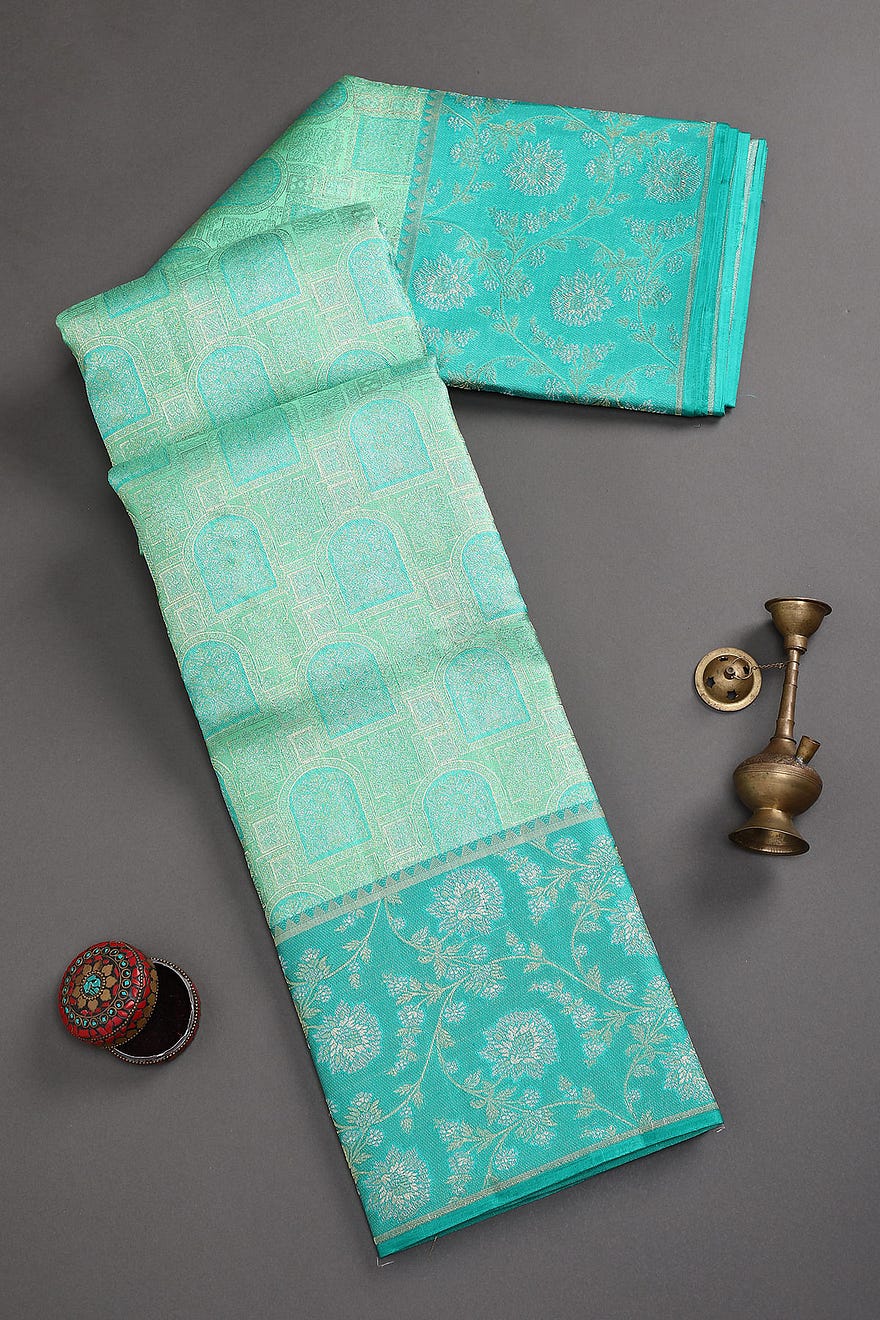 Green and Blue Dual Tone Kanchipuram Tissue Tested Zari Saree with Unstitched Blouse Online at Samyakk