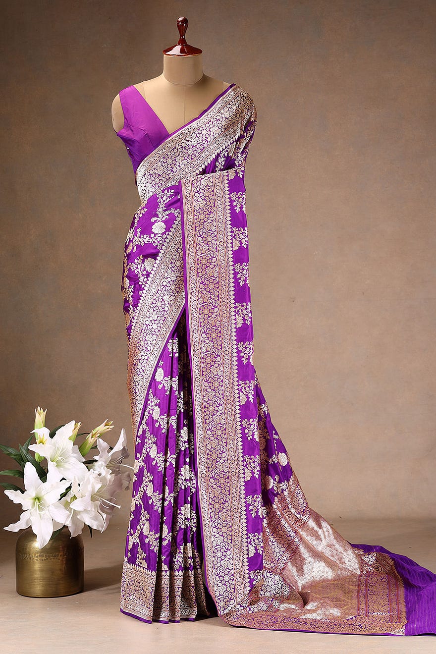 Violet Zari Woven Banarasi Silk Saree with Unstitched Blouse Online at Samyakk