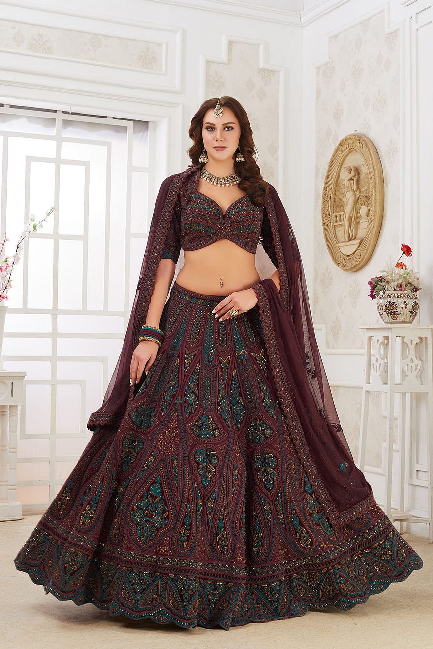 Purple Wedding Lehenga with Zardosi Work and Plunging Leaf Neck Blouse Online at Samyakk