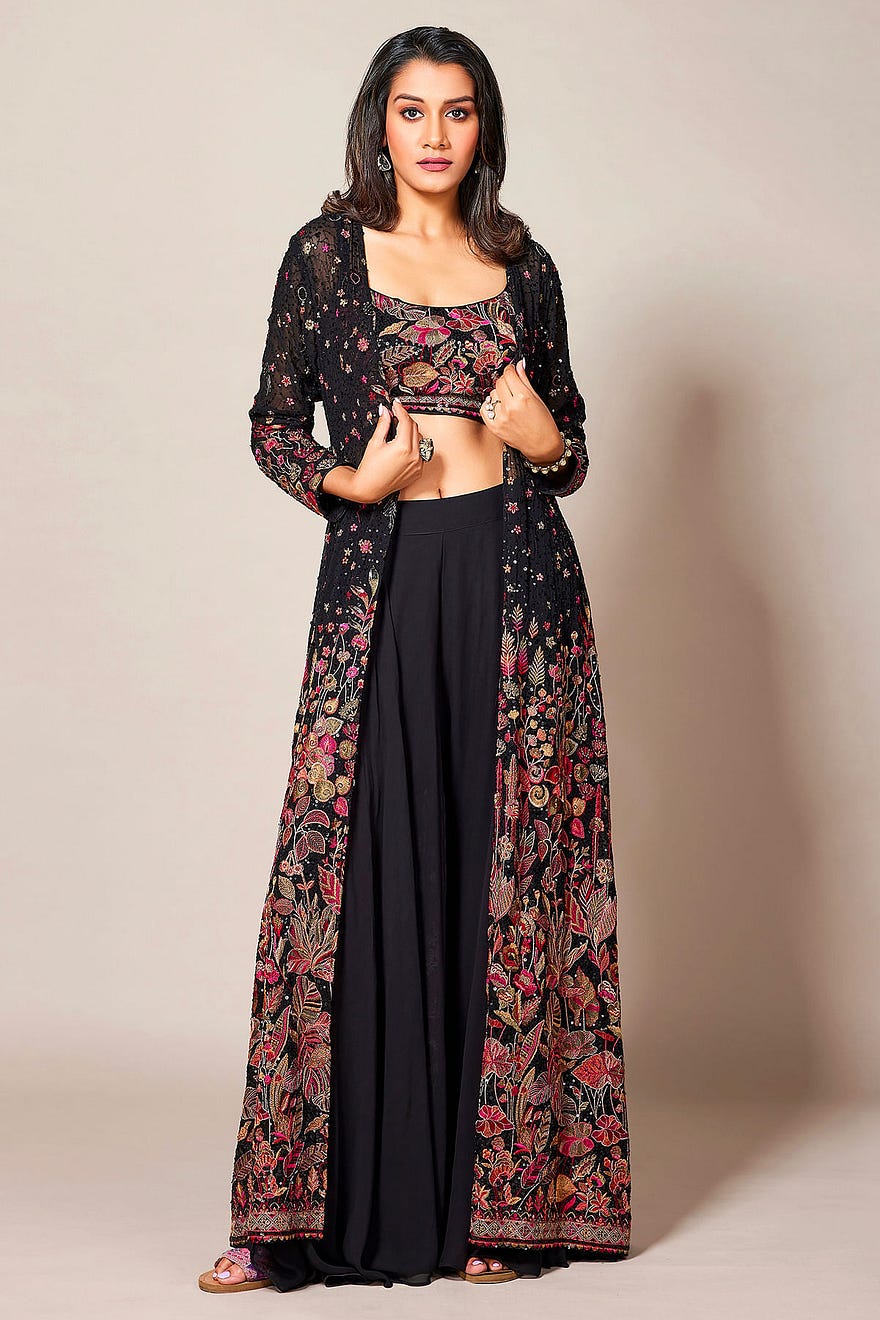 Black Sequins Embroidered Georgette Crop Top Suit Online at Samyakk