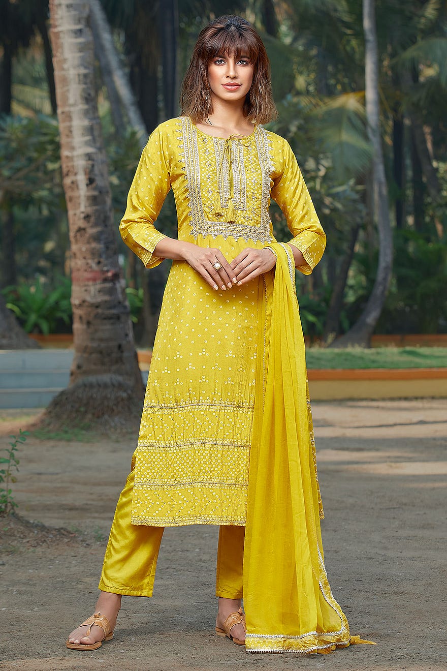 Corn Yellow Printed Silk Straight Cut Suit Online at Samyakk