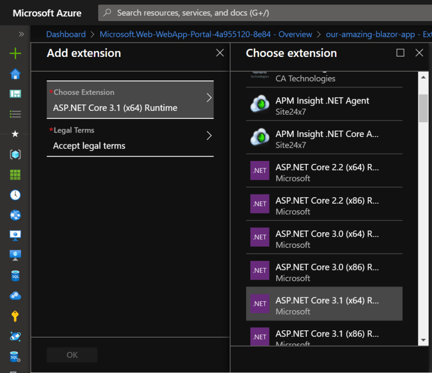 Image showing selection if ASP.NET Core 3.1 Runtime in Add Extension pane