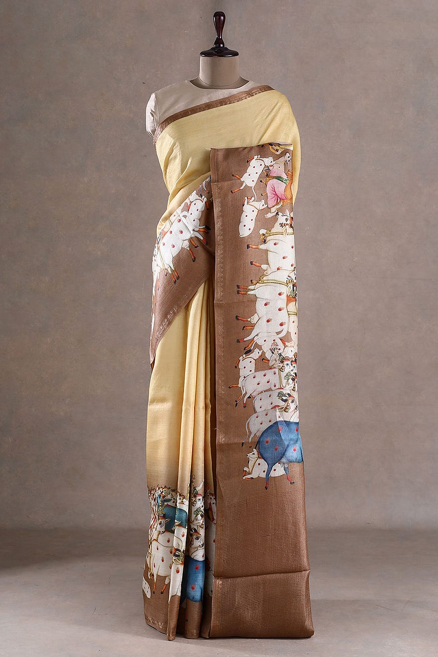 Double Cream Flok Art Printed Tussar Silk Saree with Unstitched Blouse Online at Samyakk