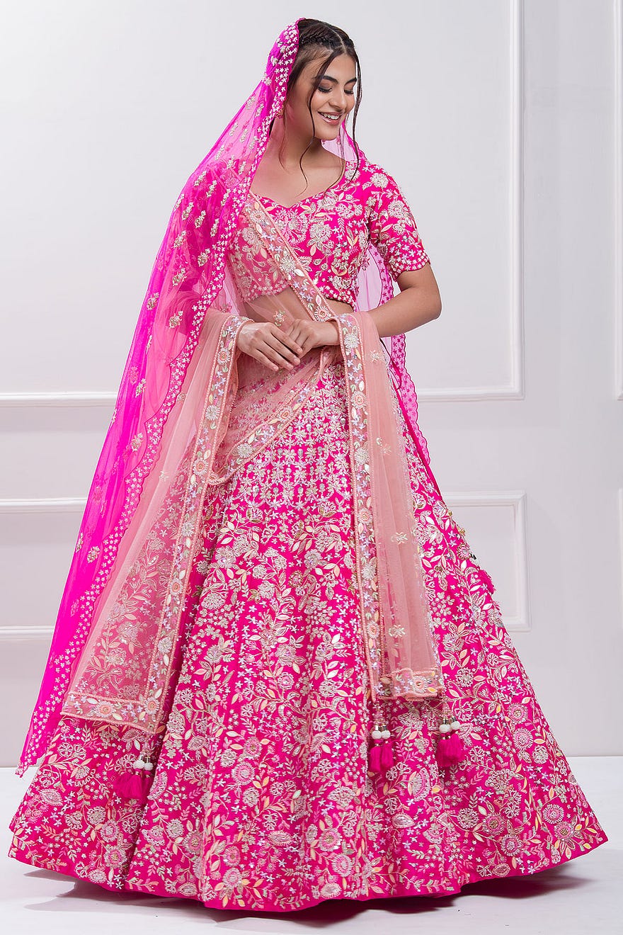 Hot Pink Sequins Embroidered Raw Silk Bridal Lehenga Online at Samyakk