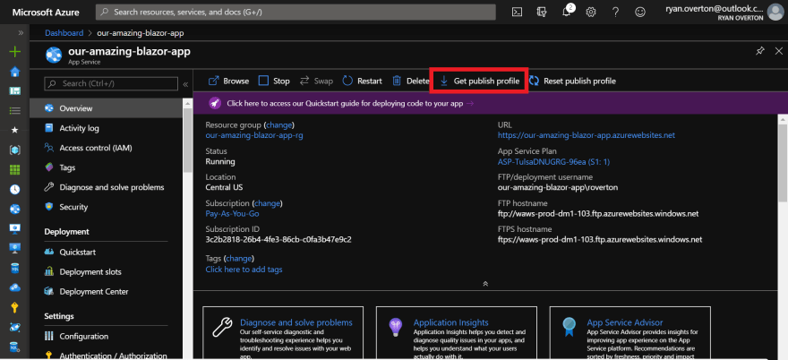 Image showing location of Get Publish Profile button on Azure Portal