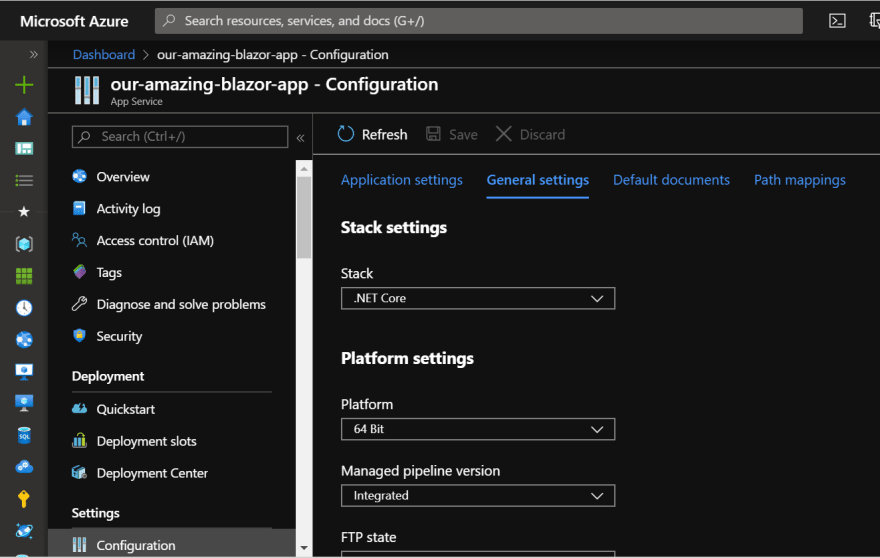 Image showing configuration screen of Azure Web App