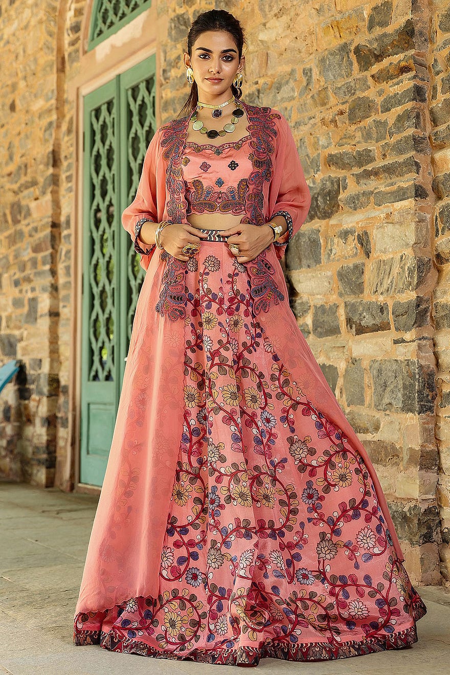 Peach Kalamkari Printed Shimmer Organza Designer Lehenga with Scalloped Neck and Embroidered Jacket Online at Samyakk