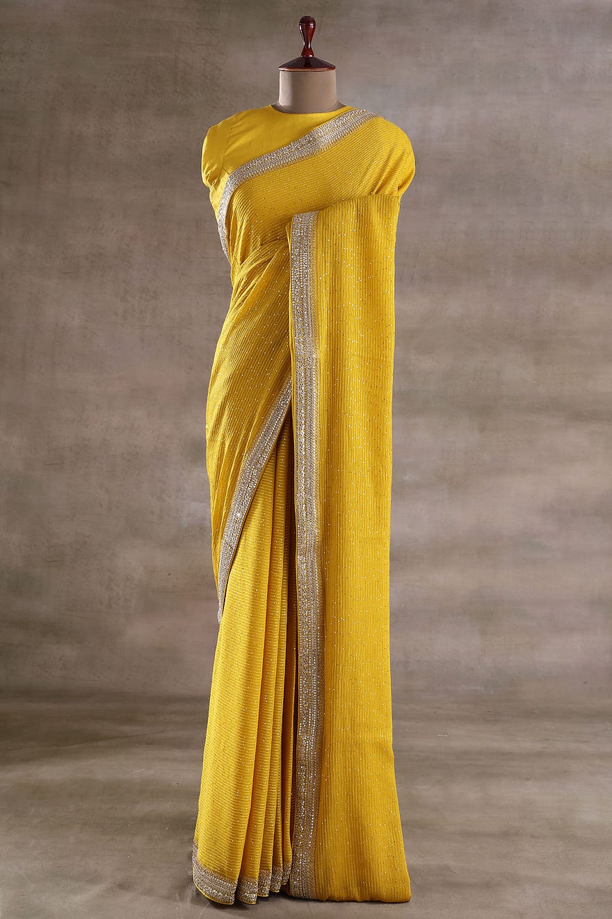 Yellow Georgette Designer Saree with Sequins Work and Unstitched Blouse Online at Samyakk