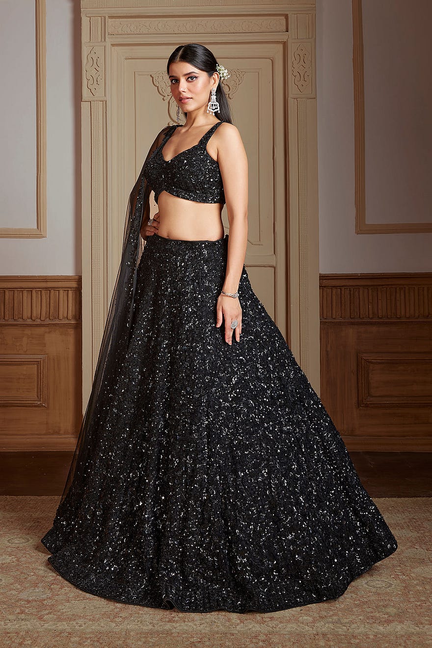 Black Umbrella Style Net Bridesmaids Lehenga With Embroidered Pentagon Neck Blouse Online at Samyakk