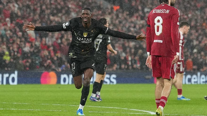 ITUGOL — Momen selebrasi Ousmane Dembele dalam laga leg kedua perempat final Liga Champions antara Liverpool vs PSG di Anfield, 15 April 2026 © AP Photo/Jon Super