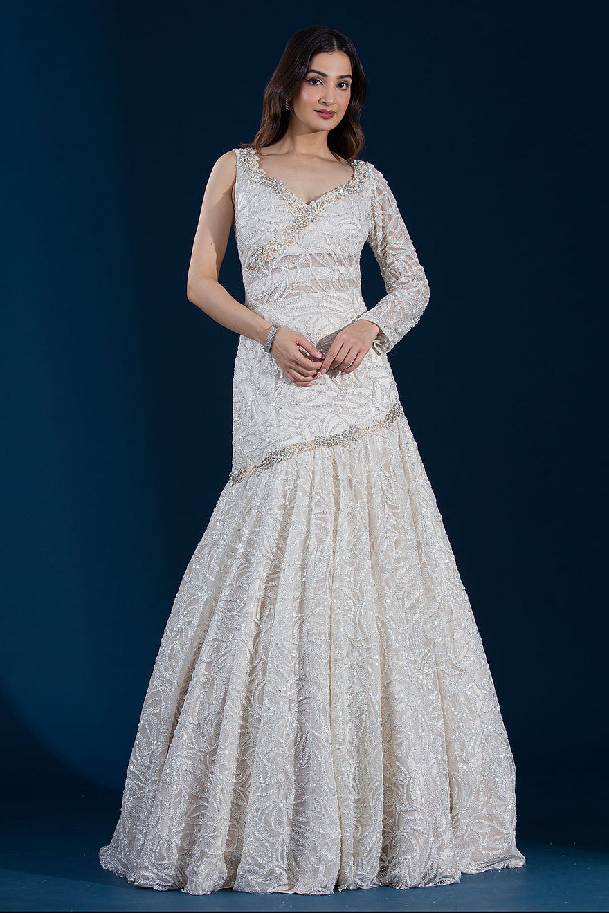 Bright White Sequins Embroidered Net Bridal Gowns Online at Samyakk