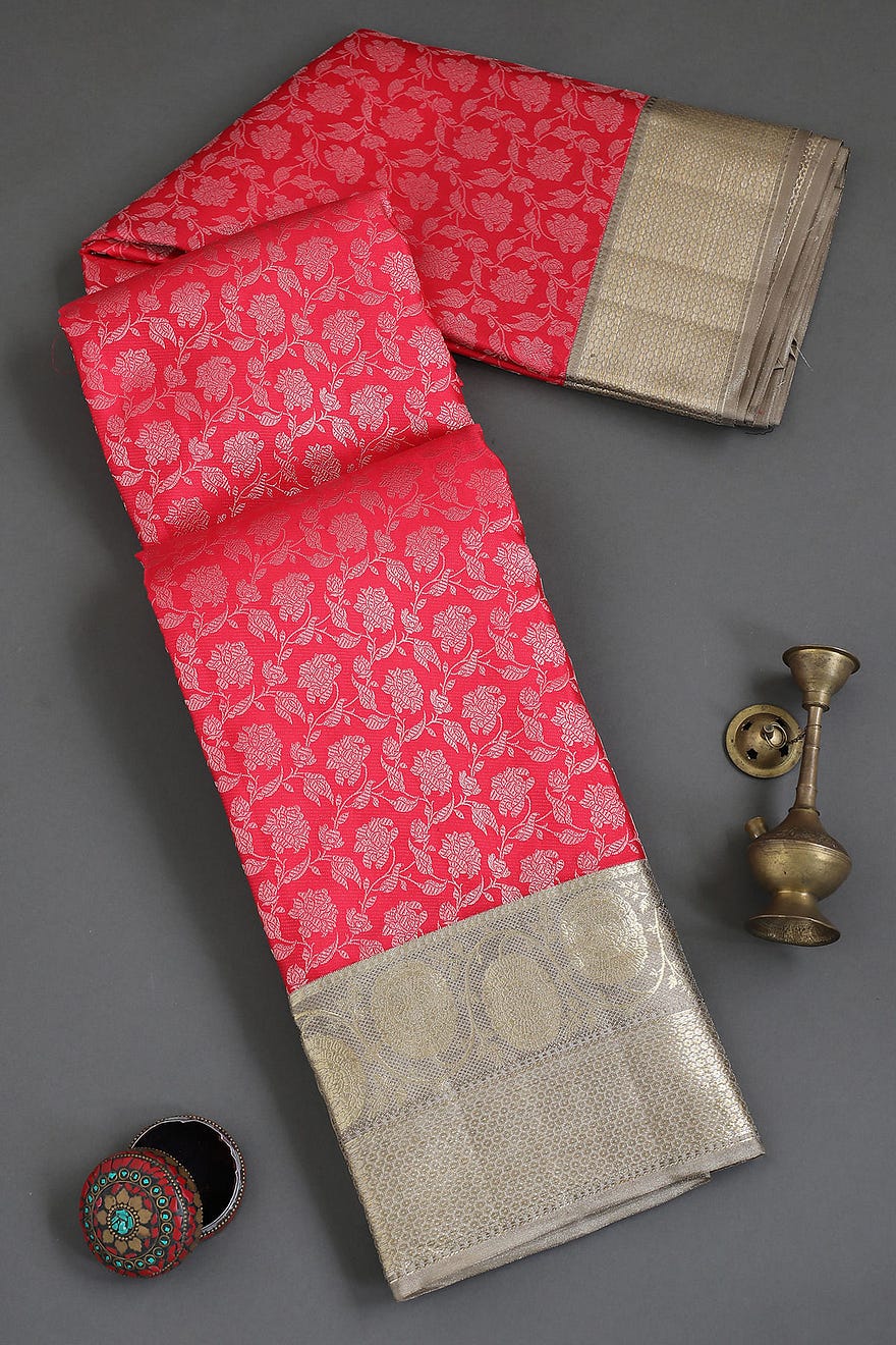 Flamingo Pink Zari Woven Kanchipuram Silk Saree with Unstitched Blouse Online at Samyakk