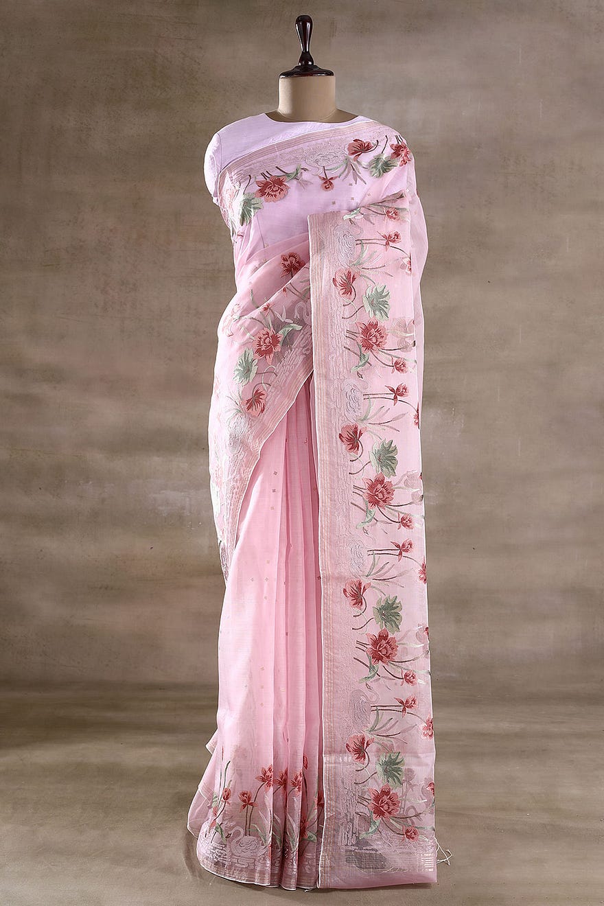 Cotton Candy Pink Organza Designer Saree with Resham Work and Unstitched Blouse Online at Samyakk