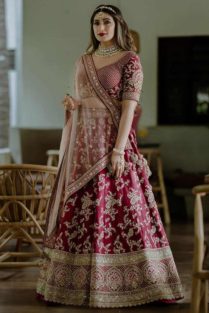 Maroon Zari Embroidered Silk Bridal Lehenga Online at Samyakk