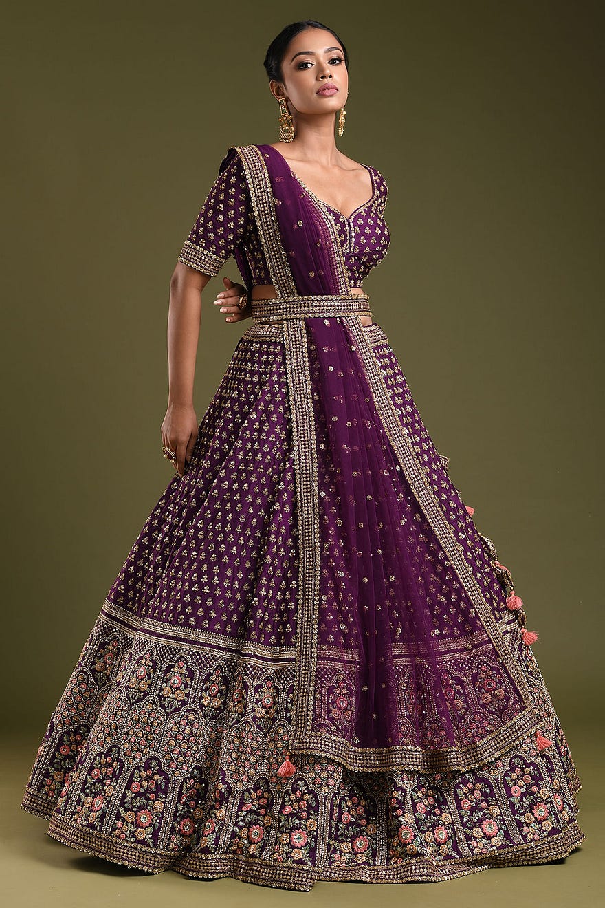 Dark Purple Sequins Embroidered Raw Silk Bridal Lehenga Online at Samyakk