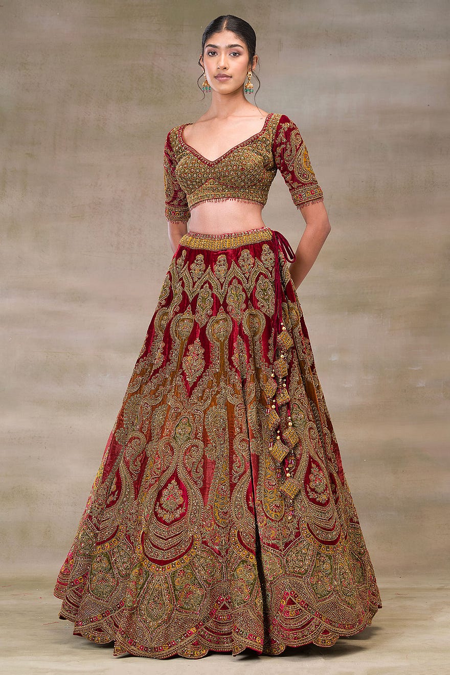 Red & Darck Ochre Zari Embroidered Velvet Bridal Lehenga Online at Samyakk