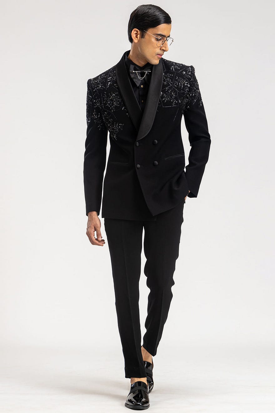 Black Sequins Embroidered Italian Tuxedo Suit Online at Samyakk