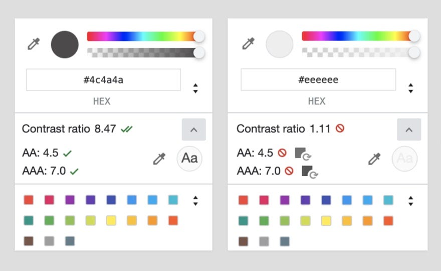 A screenshot of Chrome’s colour contrast tool showing the contrast ratio of two different colours