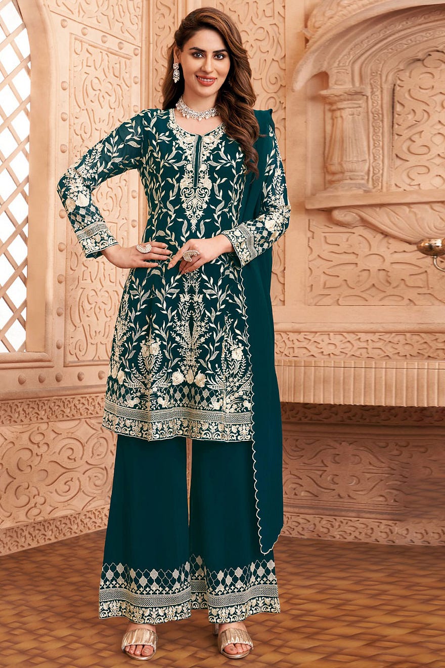 Teal Blue Silk Palazzo Suit with Resham Work and Round Neck Online at Samyakk