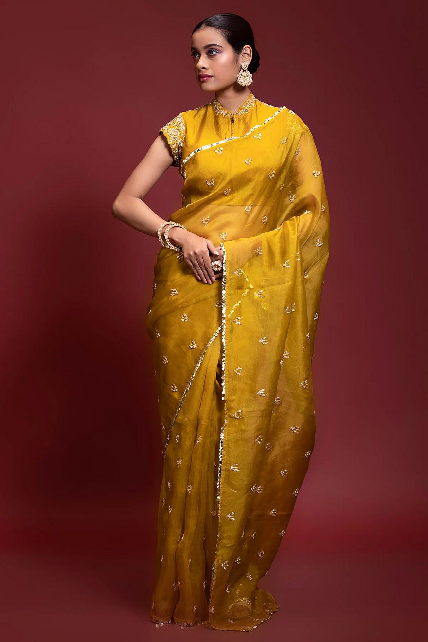 Yellow Organza Designer Saree With Sequins Work And Readymade Blouse Online at Samyakk