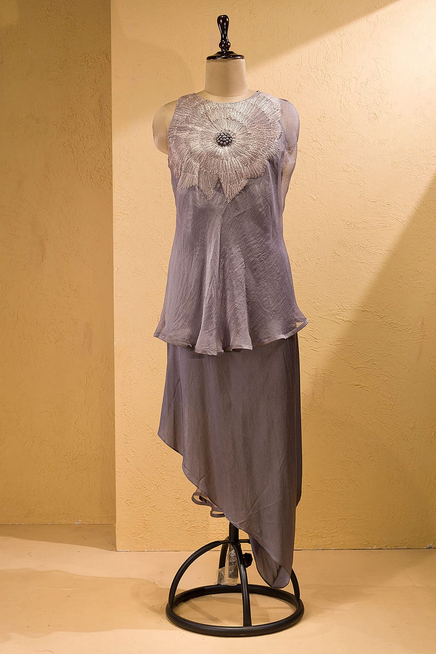 Dark Grey Assymetric Style Organza Kurti With Dori Work Online at Samyakk