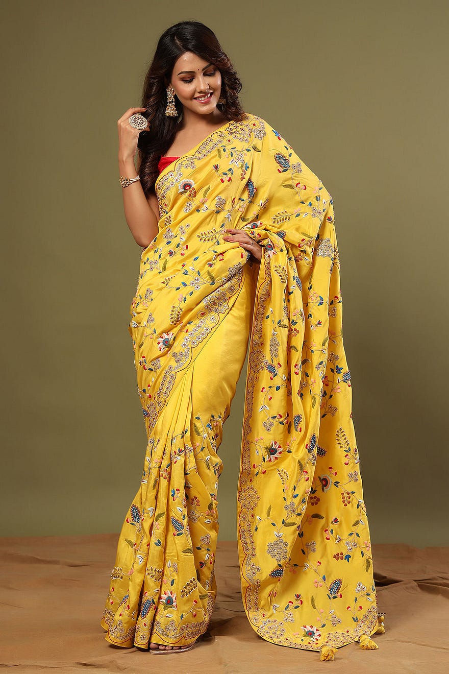 Cyber Yellow Thread Embroidered Tussar Silk Saree Online at Samyakk