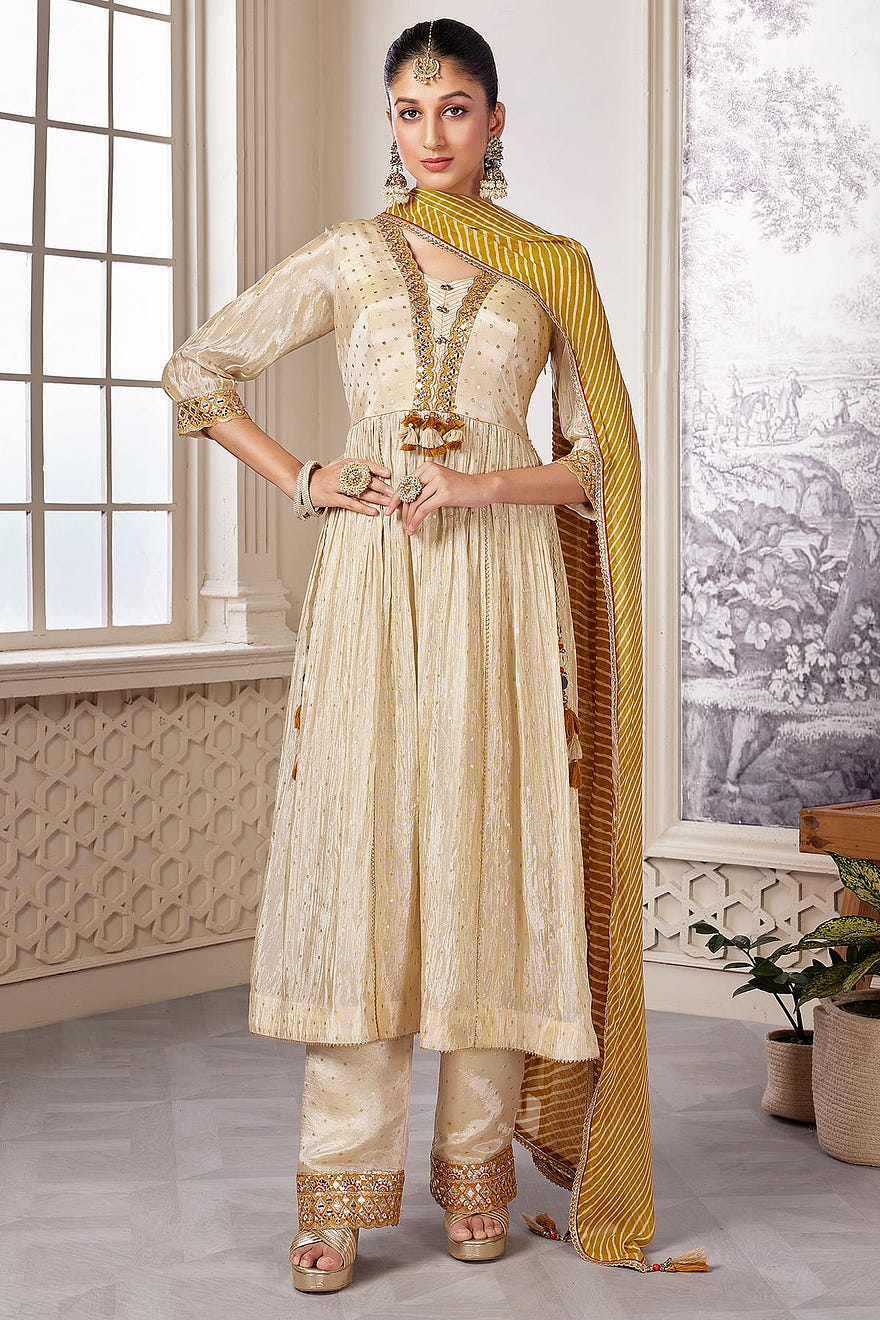 Cream Sequins Embroidered Crepe Party Wear Salwar Kameez Online at Samyakk