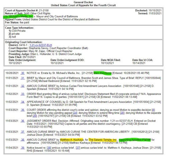 Fourth Circuit Court of Appeals Docket for 21–2158 listing St Michael’s Media Inc as the Plaintiff and Marc Randazza as their lawyer, with Matthew A Kezhaya for The Satanic Temple Inc writing a supporting brief