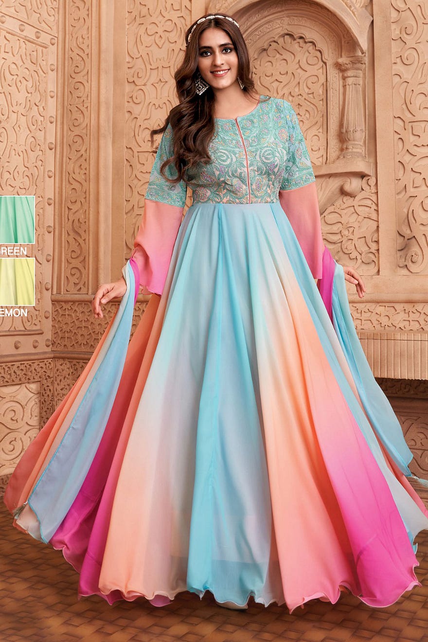 Multicolor Shaded Georgette Anarkali Salwars with Resham Work and Round Neck Online at Samyakk