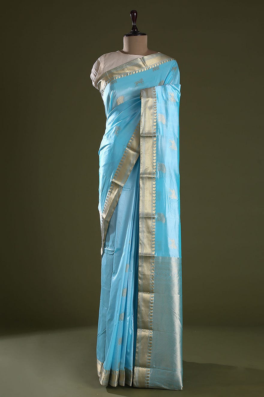 Buy Blue Handloom Silk Saree with Unstitched Blouse Online at Samyakk