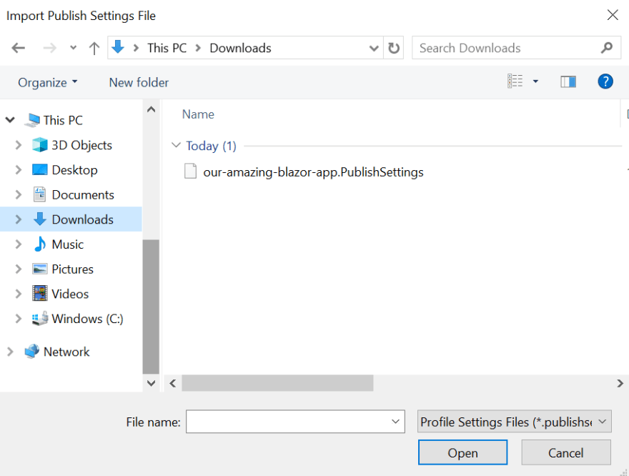 Image showing dialog to select publish settings previously downloaded