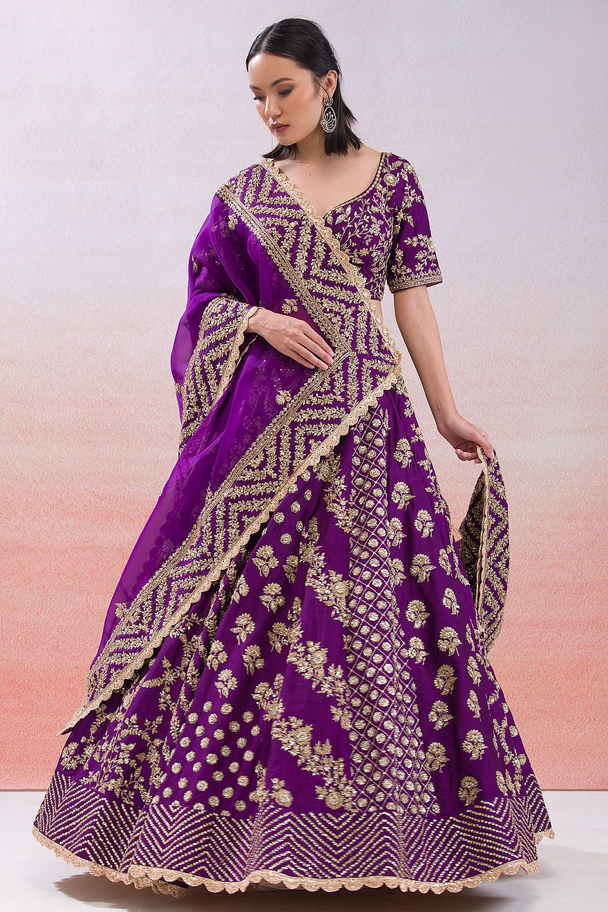 Royal Purple Sequins Embroidered Raw Silk Wedding Lehenga Online at Samyakk