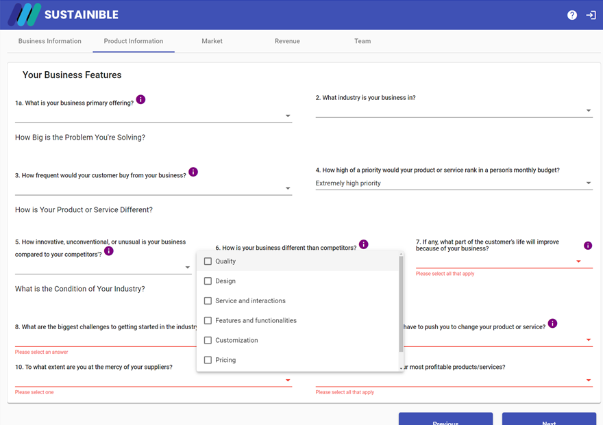 A screencapture of Sustainable’s tool comprises the image. There are several fields which business owners are expected to fill out to determine the wellness of their enterprise across several factors, such as financial status.