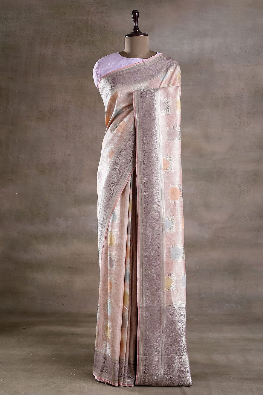 Baby Pink Zari Woven Banarasi Tussar Silk Saree With Unstitched Blouse Online at Samyakk