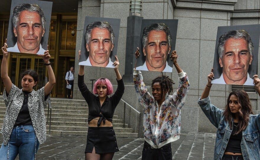 Victims of Jeffrey Epstein holding up big images of his face