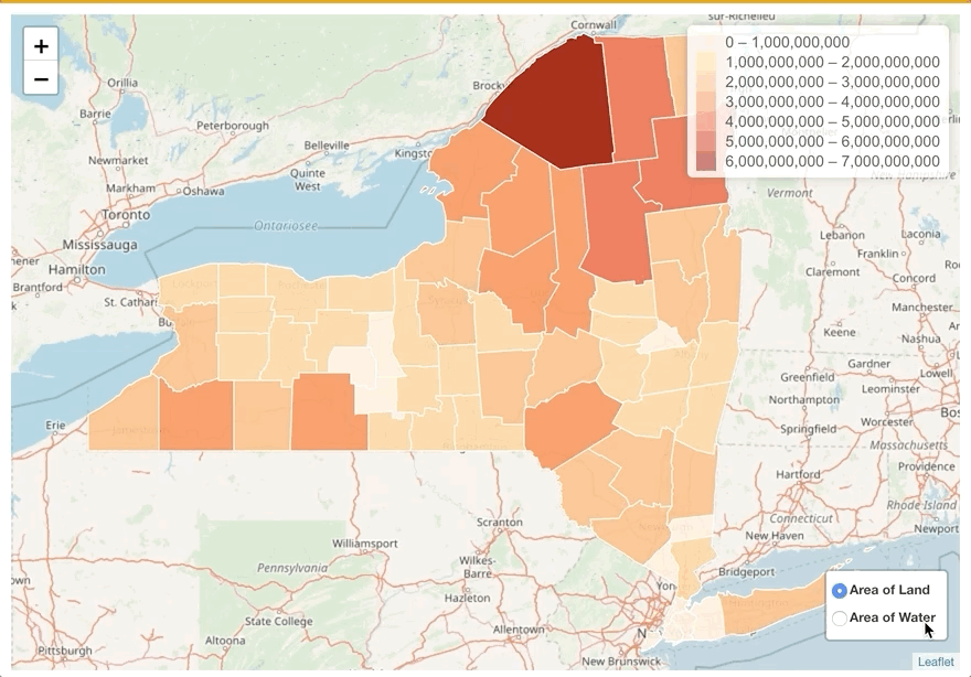 an animated map of New York State broken down by county. The first image shows by opaqueness of color how much land area there is in a county, where much of upstate New York have greater areas of land, as they are larger or have less water area. The second image shows by opaqueness of color how much water area there is in a county. The western part of Long Island especially has a lot of water area.