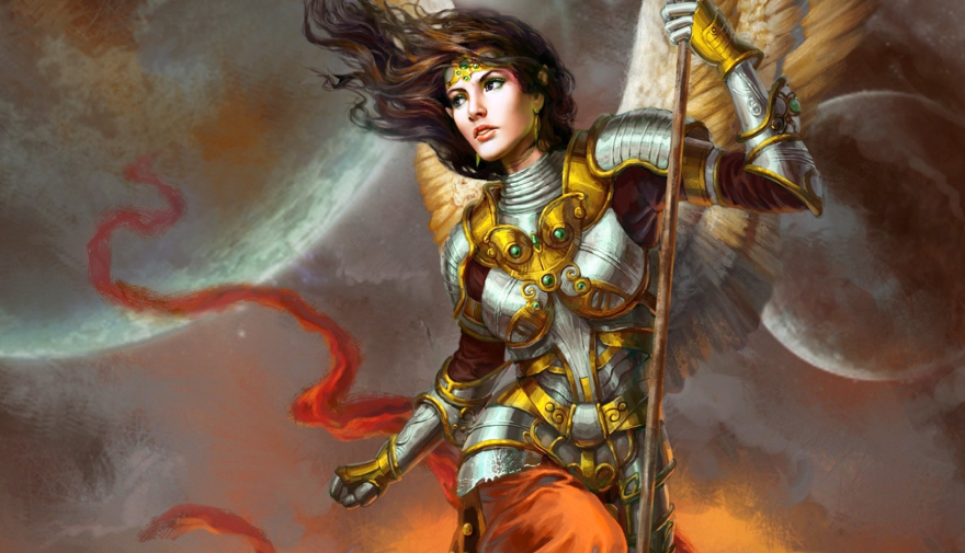 Image: A woman in glass armor, with dark hair and spread angelic wings. She holds a spear and stares in worry at something outside the frame.