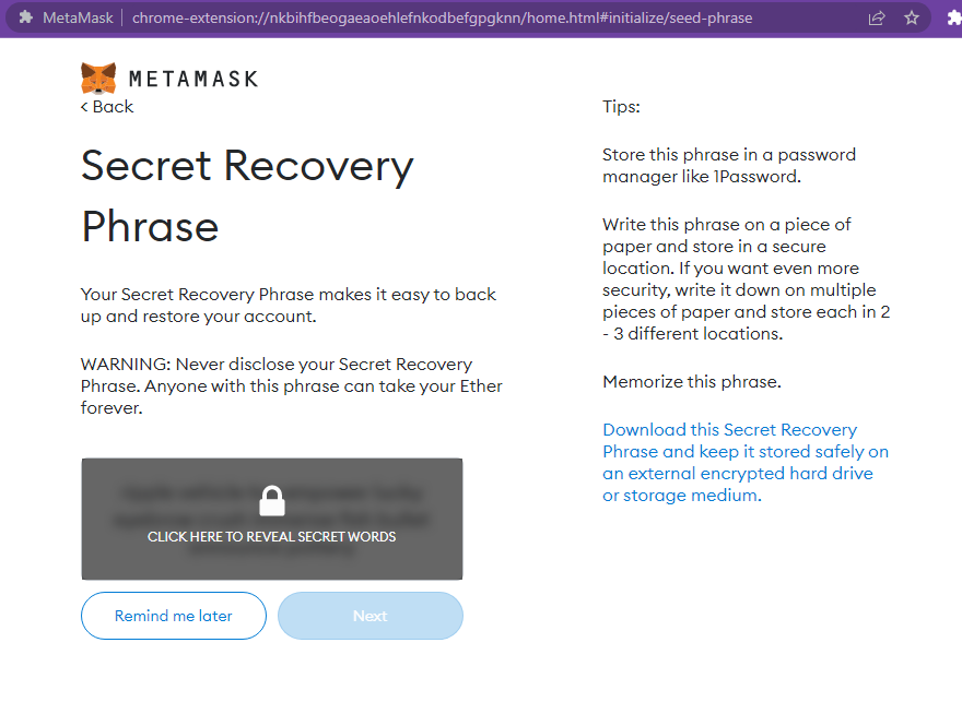 The MetaMask secret recovery phrase screen.