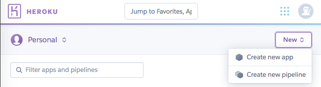 screenshot of Heroku screen showing the dropdown to create a new app