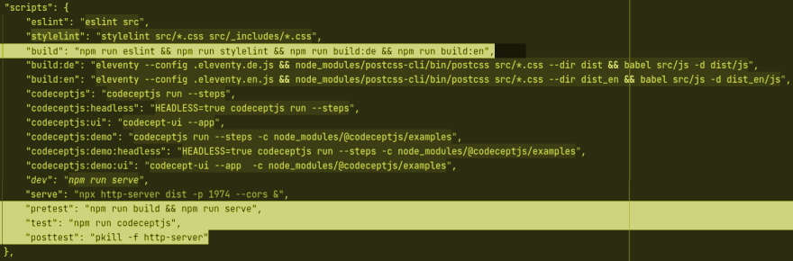 Screenshot of npm tasks in package.json as described below