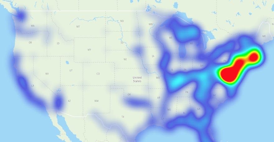 Map of the United States displaying heatmap of population density.