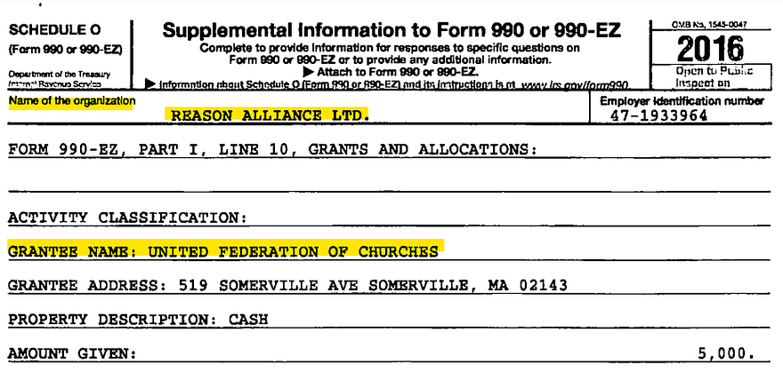 Same IRS Form 990-EZ for 2016 but it says $5,000 was granted to the for-profit "United Federation of Churches", also owned by Cevin Soling and Doug Misicko
