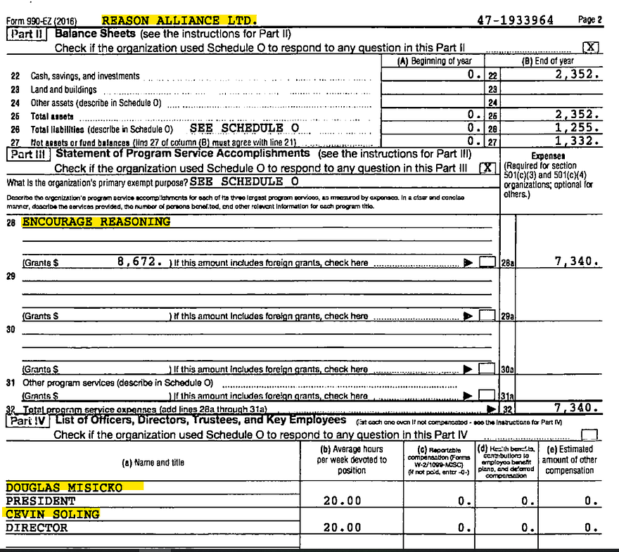 IRS Form 990-EZ from 2016 for Reason Alliance Ltd with $8,672 cinubg ub cakked "grants" and "$7,340" expended under the line "encourage reasoning"